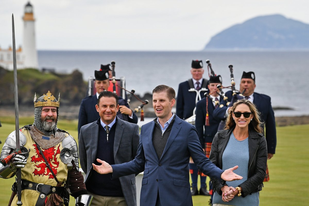 They also include a stay at Turnberry by Eric and his wife, Lara, to attend a ribbon cutting ceremony at one of the resort's refurbished courses. They were joined at the ceremony an actor dressed up as a 14th century Scottish monarch (with big sword). Pic: Jeff J Mitchell / Getty
