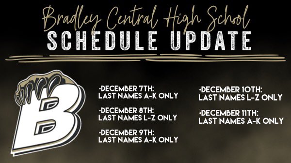 ⁦<a href="/THEREALBCNATION/">#BCNATION</a>⁩ please see the updated A/B schedule for next week (12/07) by last name!  Also, check your grade level google classroom for a more detailed schedule.  Have a great weekend..... Go Bears!