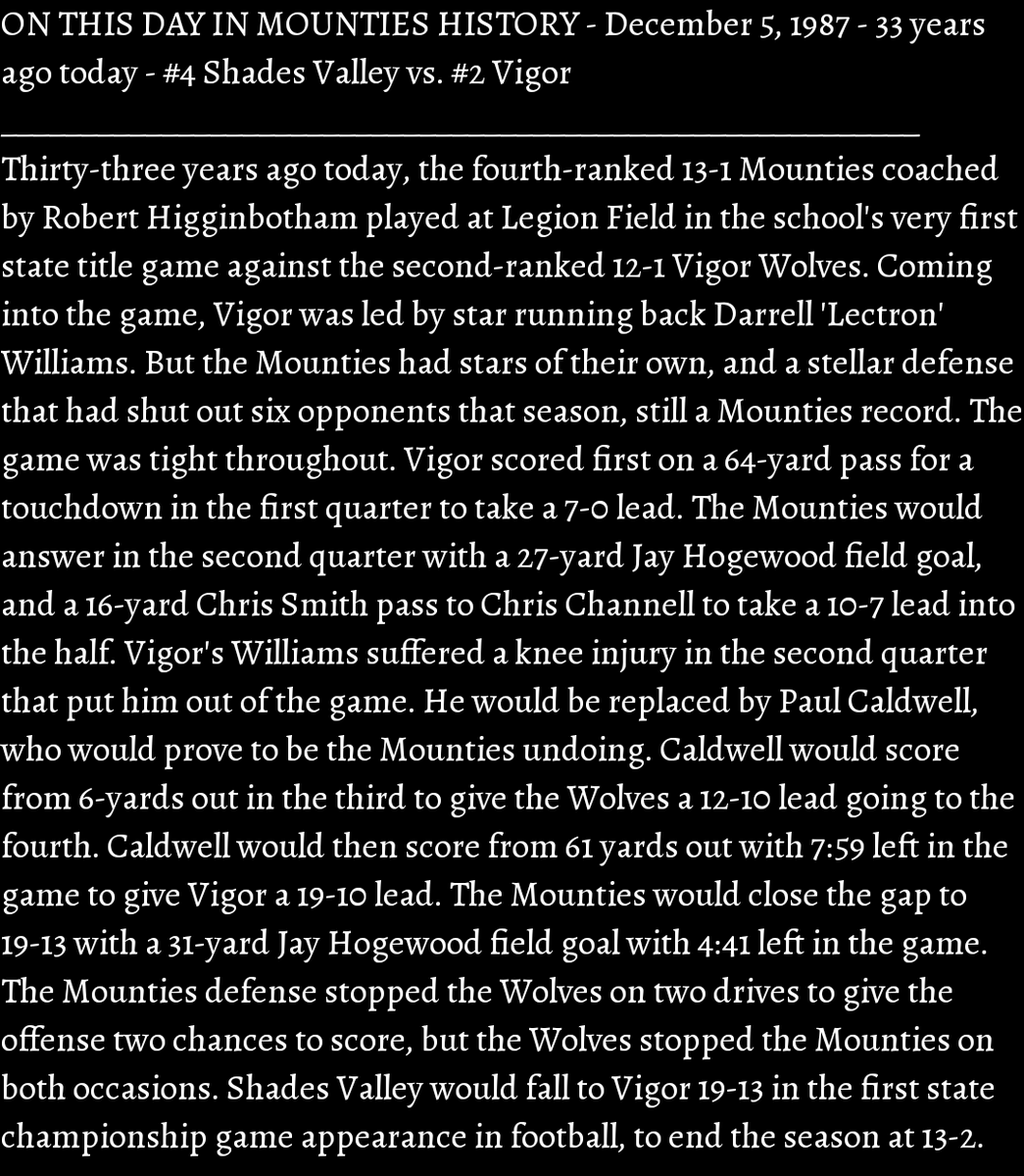 svmounties's tweet photo. ON THIS DAY IN MOUNTIES HISTORY - December 5, 1987 - 33 years ago today - #4 Shades Valley vs. #2 Vigor at Legion Field - 6A State Championship #100SeasonsofMountieFootball
#GoMounties ๐ดโซ pics, videos (1/4 ) https://t.co/p7vLtQdTDi