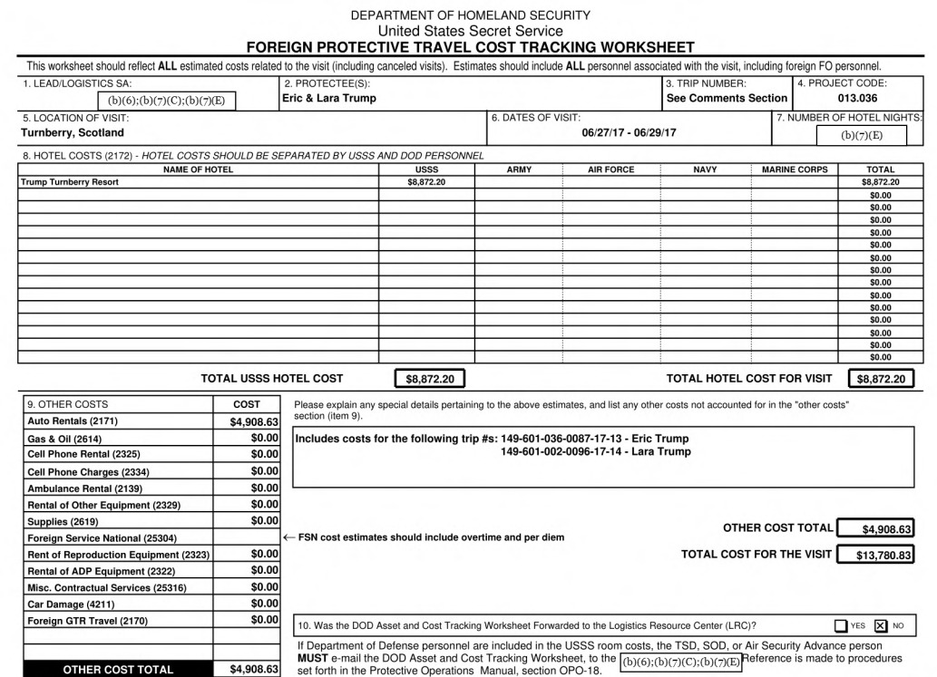 Here’s an example of the disclosed records. This one covers Eric & Lara Trump’s Turnberry trip. You’ll see that Donald Trump’s resort received $8,872 (£6,610) from the US public purse to pay for his son & daughter-in-law’s protection while attending to private Trump Org business.