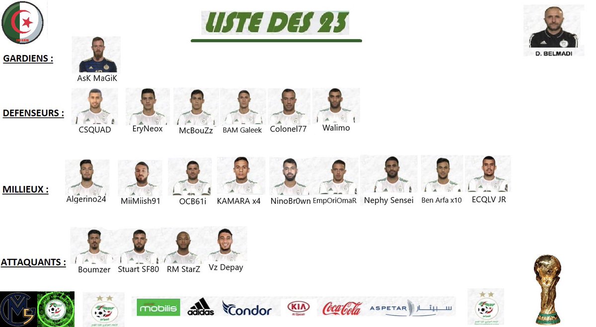 Première Infos ! 

🇩🇿 Voici la liste, non pas des 23 mais, des 20 Fennecs qui représenterons la Nation pour cette Coupe du Monde <a href="/GiveMeFiveApp/">GiveMeFive App</a> 🇩🇿 <a href="/JoueursDZ/">Holá</a> 
#TeamDZ