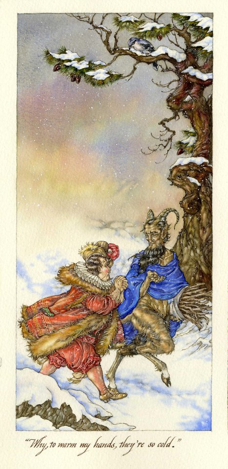 #ArtAdventCalendar Day 5. Part of an ~ancient~ piece from 2005 and another Aesop tale, this is the centre of a three-panel gatefold Christmas card retelling the story of The Man & the Satyr. Ink and watercolour. It's the closest thing I have to a Krampus for this evening. 🐐