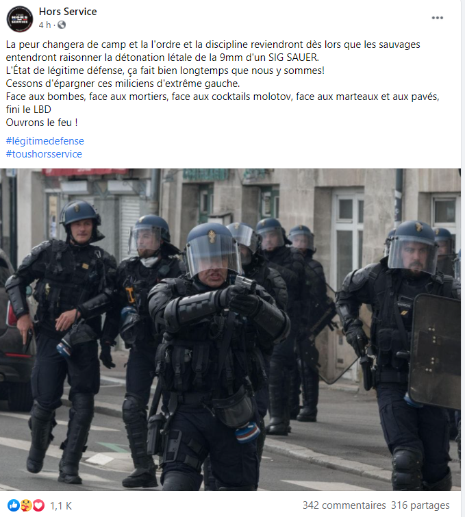 Tomasi_Karl's tweet photo. "Ouvrons le feu !"

Voici un message de haine qui vient d'un policier de l'Association Hors Service, largement soutenu dans le commentaires. 

La police est en roue libre !!! 

#ViolencesPolicieres #marchesdeslibertes https://t.co/OzMvHxjd5F
