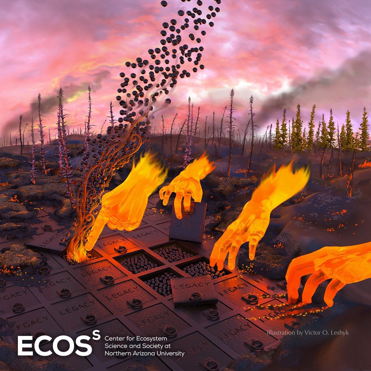 #WorldSoilDay soils of course store things, hide things, keep things...until they don't! The  #anthropocene can make soils relinquish carbon: in my  #Sciart for  @EcossNau, "legacy Carbon" in boreal soils is burnt up by increasing fire intensity and frequency  https://climate.nasa.gov/news/2905/boreal-forest-fires-could-release-deep-soil-carbon/