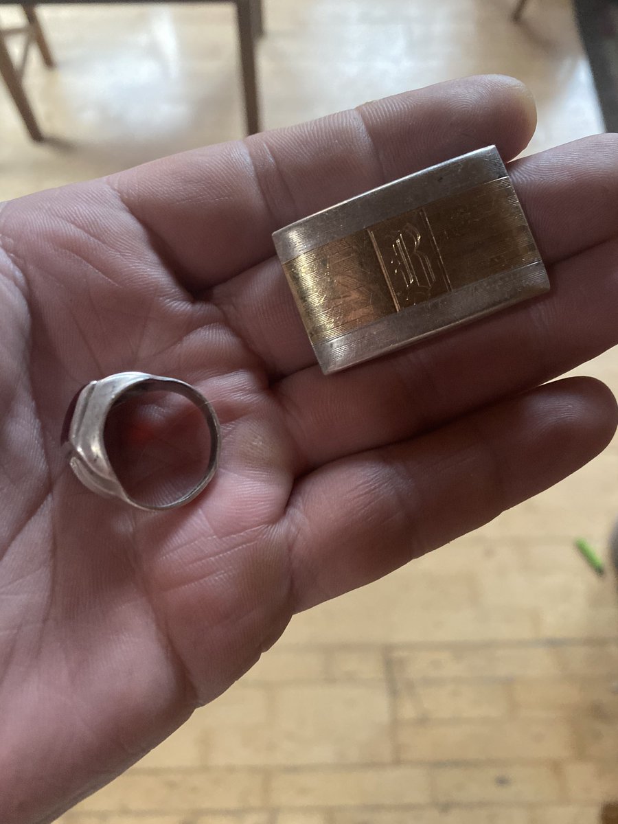 {thread} These cleaned up well....10k gold and sterling belt buckle and a sterling costume jewelry ring with plastic ruby. We also found a watch band (stainless I believe) but couldn’t locate the watch.