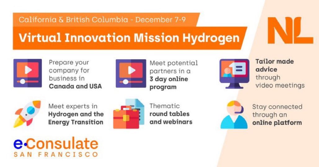 NL, California &amp; British Columbia are leaders in the hydrogen energy transition.

Join the livestream of our virtual innovation mission next week.

Monday-Wednesday, 8:00 am <a href="/NLinSF/">Theo Peters</a> 

<a href="/NLinVancouver/">Netherlands in Vancouver</a> <a href="/RVO_Innovatie/">RVO - Innovatie</a>  <a href="/IAnetwerk/">Netherlands Innovation Network</a>