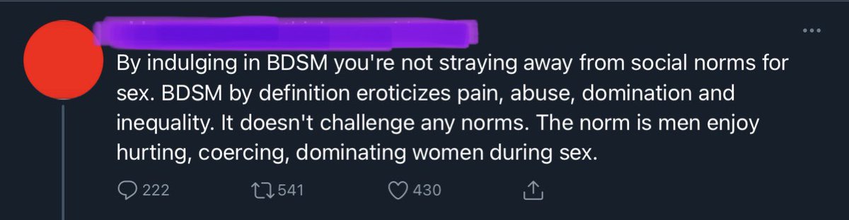 Okay, I’ve got some shit to unpack regarding this tweet because of how false the things said about BDSM are here. I’m gonna give a rundown of what BDSM *actually* is, and it’s gonna be a thread because not everything I have to say on the matter can be summed up in one tweet. 1/