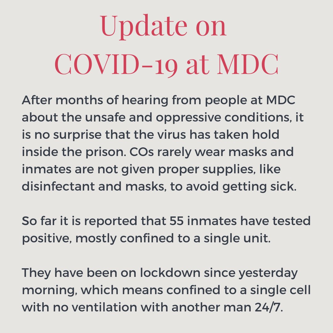 WeAreAsYou's tweet photo. We are devastated to learn that the inmates at MDC are at major risk of contracting COVID-19, and many already have. Staying healthy while confined to a cell for 21-24 hours a day is hard enough, but the virus now makes that risk potentially fatal. #mdcbrooklyn #COVID #brooklyn https://t.co/CvkS92nLRf