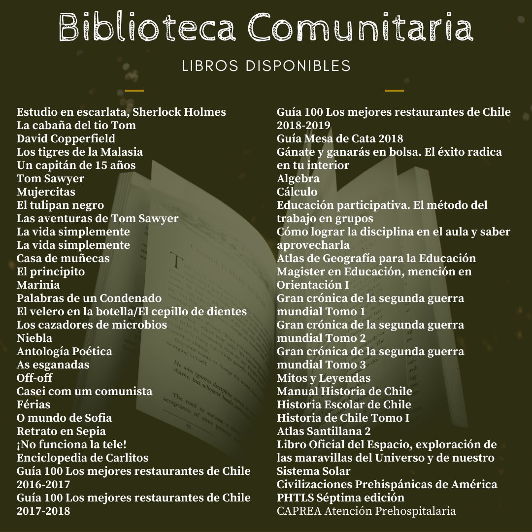 accion_recicla's tweet photo. 📚 Lista actualizada de los #libros disponibles en la #BibliotecaComunitariaIquique 

📙 Si quieres uno puedes pasar por él. Para los #amantesdelalectura o para llevarle a algún familiar, sólo debes solicitarlo.

#Iquique #AltoHospicio #libroschile  #librosiquique #libroporlibro https://t.co/KXHlKHhyI0