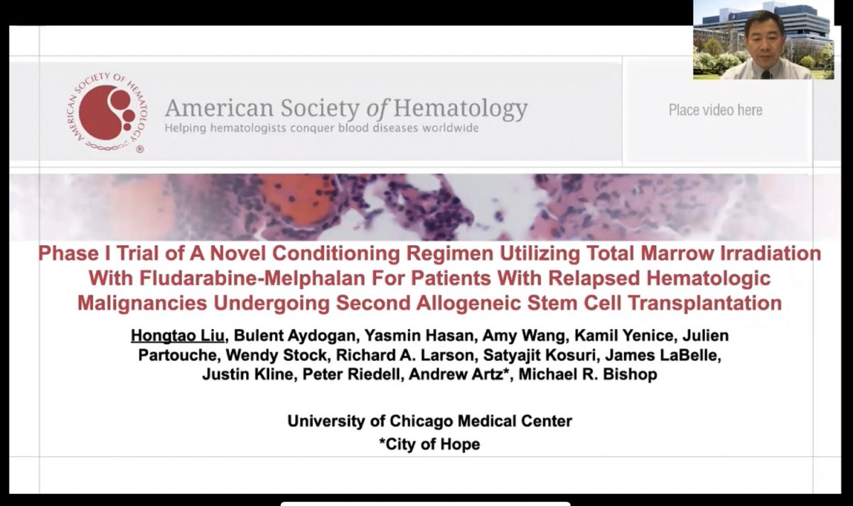 AmyWangDuncanMD's tweet photo. Great talk today by my mentor Dr Hongtao Liu on the use of TMI 12Gy with Flu/Mel conditioning in patients undergoing 2nd allosct! 👏Promising early results of 48% 2yr PFS and 50% 2yr OS (vs. 18%, 23% historically)! 🤞Check out abstract no. 191. #ASH20 https://t.co/g1wHkmsQcE