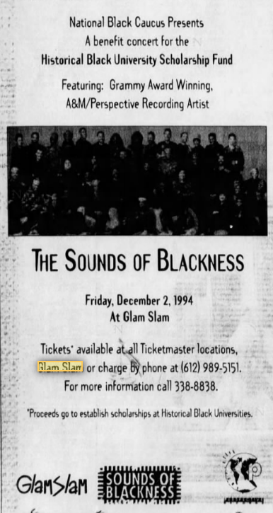 Back at home at O(+>'s Glam Slam nightclub, The National Black Caucus holds a benefit concert for the Historical Black University Scholarship Fund featuring longtime purple collaborators, The Sounds of Blackness