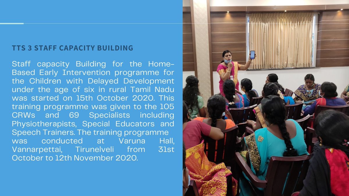 AmarEarly's tweet photo. Staff capacity Building for the Home-Based Early Intervention program was conducted at Tirunelveli in November 2020. 105 CRWs and 69 Specialists including Physiotherapists, Special Educators and Speech Trainers attended the training Program
#Enabling_Inclusion
#Early_Intervention https://t.co/Ww3kUjQj0k