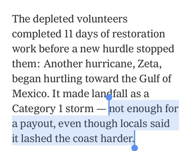 It’s popular to say parametric insurance can be good for climate harms because it has meteorological triggers instead of damage-based payouts. But whose side of a bet about hurricanes would you rather take: the gov of Quintana Roo, or Swiss Re?