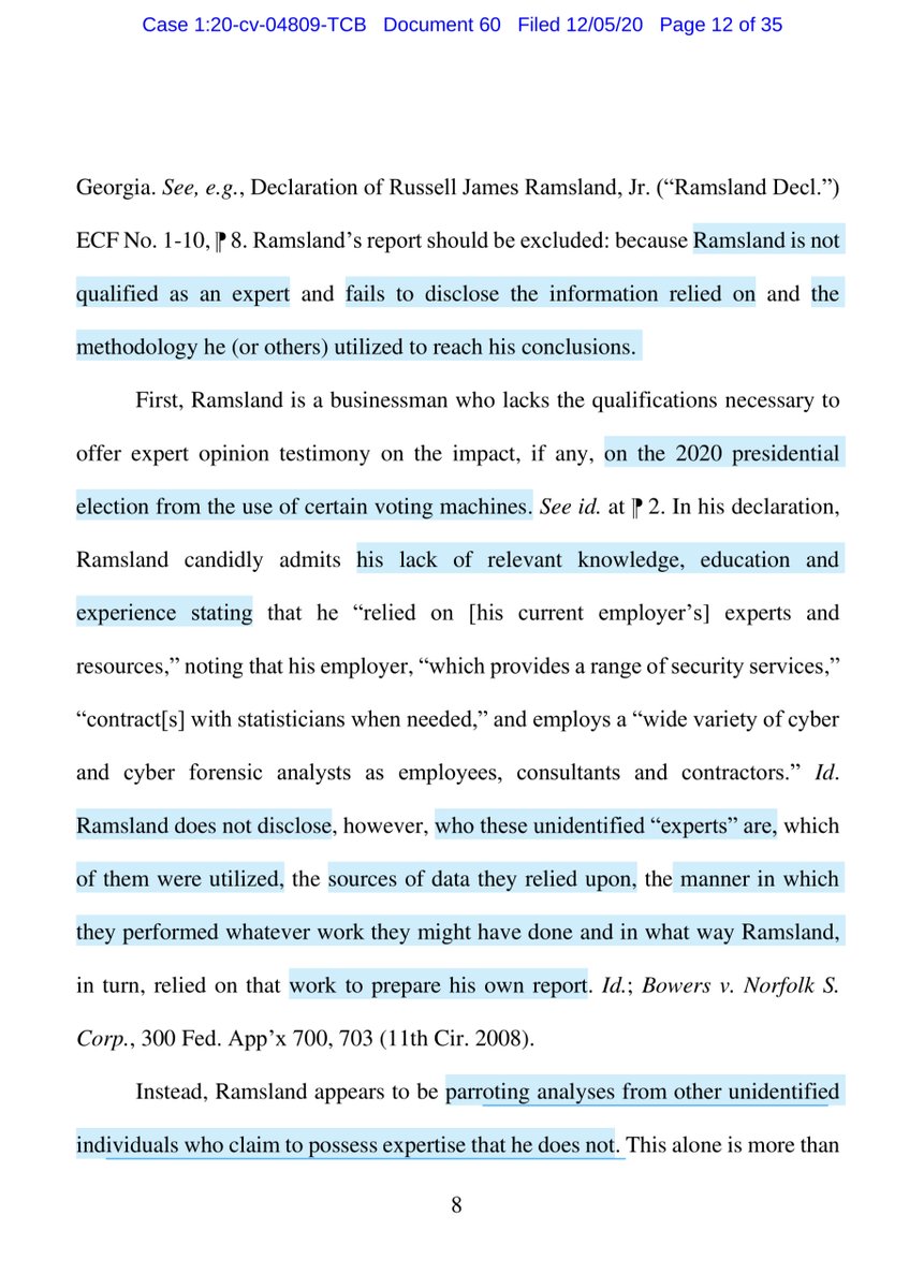 Russell James Ramsland, Jr. offers opinions“Ramsland candidly admits his lack of relevant knowledge, education and experience stating that he “relied on [his current employer’s] experts and resources...”snort laughing “something strange occurred” & whites didn’t vote for Biden