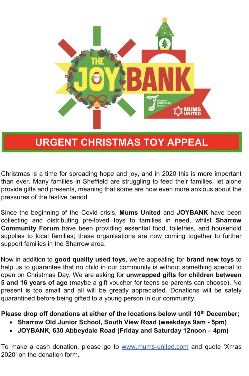 Thank you to everyone who has donated -one more week of donations left -we are in need of unopened toys for boys /girls aged 12-14 @SharrowCF @LansTARA @ToysRUs @vasnews @alisonclareteal @PeterG4NES2019 @SheffieldStar @itvcalendar @BBCSheffield @BBCLookNorth