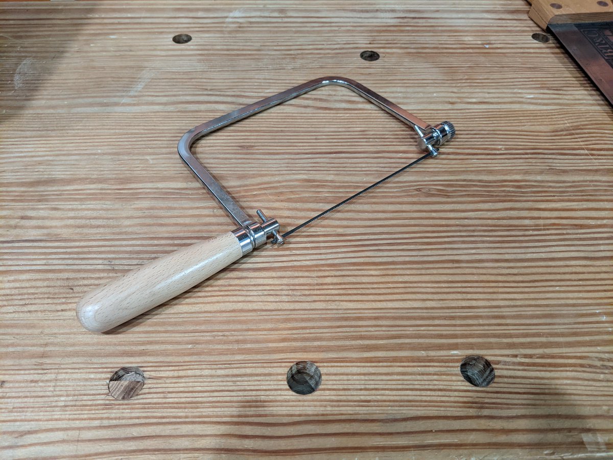 Held in place by the BT&C saw you will find an Olsen coping saw with a Pegas blade (the important part) attached.One thing about fitting tools into a chest this tightly is that future upgrades (like say to a Knew Concepts saw) would require significant mods to the chest.
