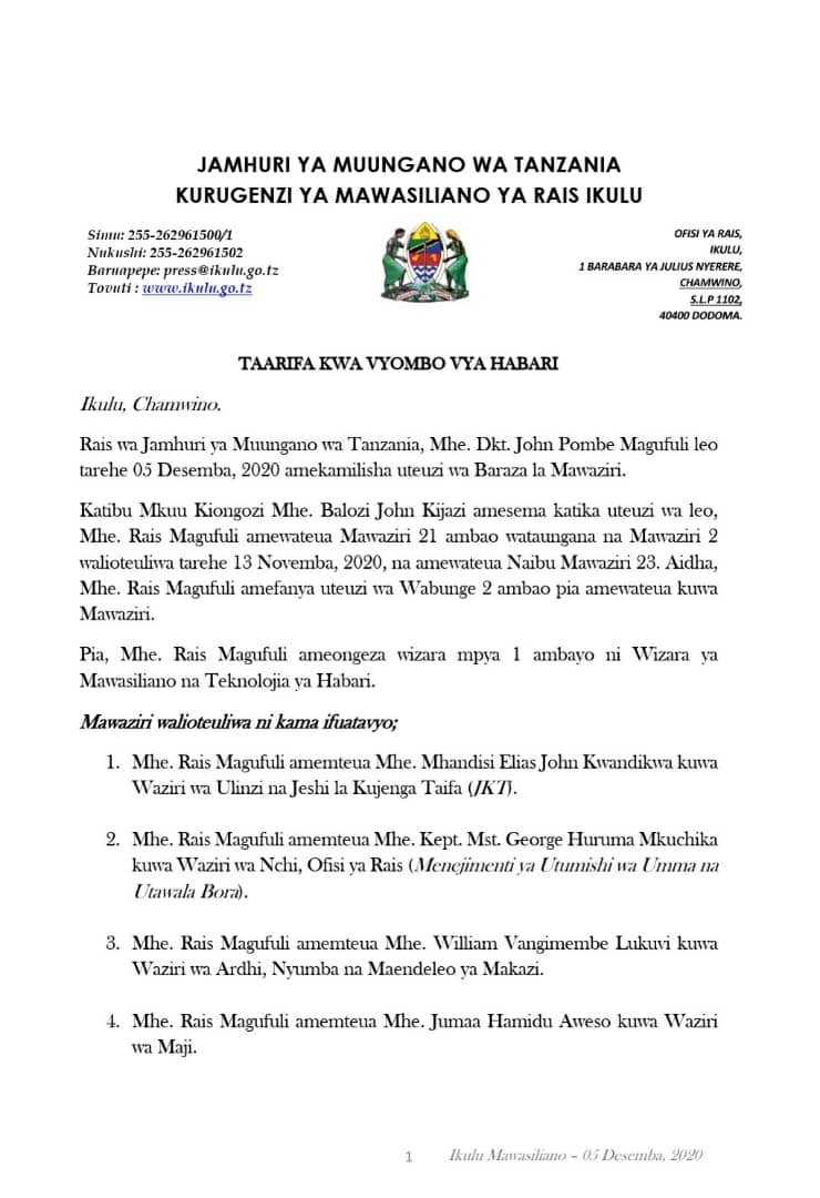 tzyetumpya's tweet photo. Mh. Rais @MagufuliJP amefanya uteuzi wa baraza la mawaziri na manaibu wa wizara hizo. https://t.co/IH2uYghi36