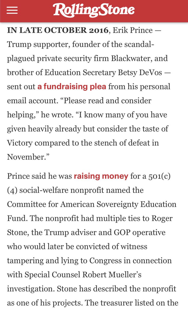 Same players, same fundraising grift game. Stone, Prince, etc“sent out a fundraising plea from his personal email account. “Please read and consider helping. I know many of you have given heavily already but consider the taste of Victory compared to the stench of defeat in Nov”