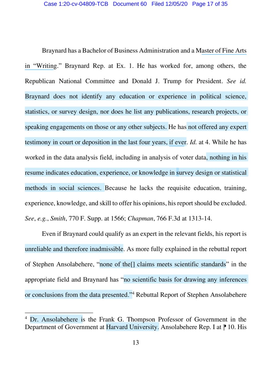Do you get the sense of a pattern emerging?Braynard is not qualified and his report does not utilize generally accepted methodology.. the underlying report he used to create his “report” has serious flaws as further elucidated by actual Experts from Harvard & Yale