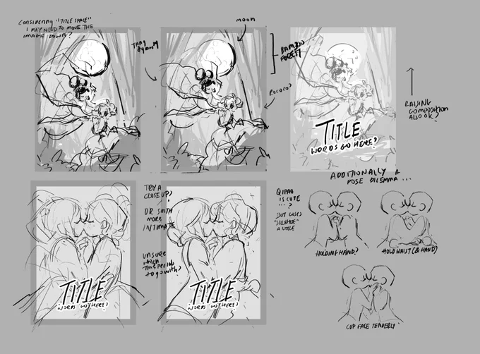 ?? Process {1/4}
i first started with thumbnails of two different concepts, and different variations of pose. because this design is for the cover, i sketched the concepts with the title text in mind, trying to keep the area that would be behind the text simple. 