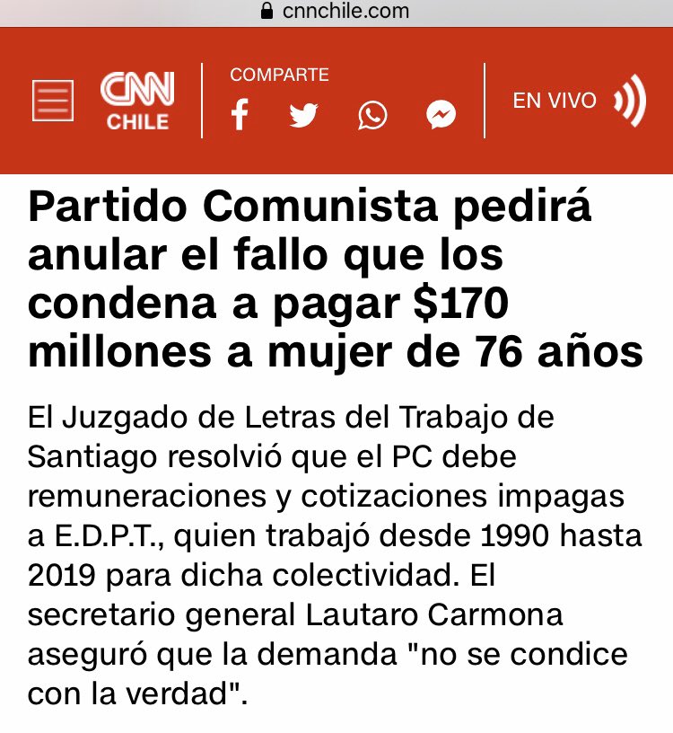 A propósito  @camila_vallejo y “hacerse el Larry” me acordé de la señora Eliana de la Cruz Poblete Tello que demandó al @PCdeChile por no pago de sueldos y cotizaciones provisionales por 30 años. Habrá podido sacar su 10%? El PC no quería pagar peso a fallo judicial