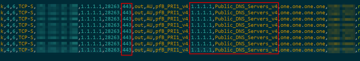 And here's a device on my network trying to hit 1.1.1.1 over 443, presumably for DoH, but certainly could be something else such as a https alive test.  I don't really care. The traffic was blocked and the device still works.