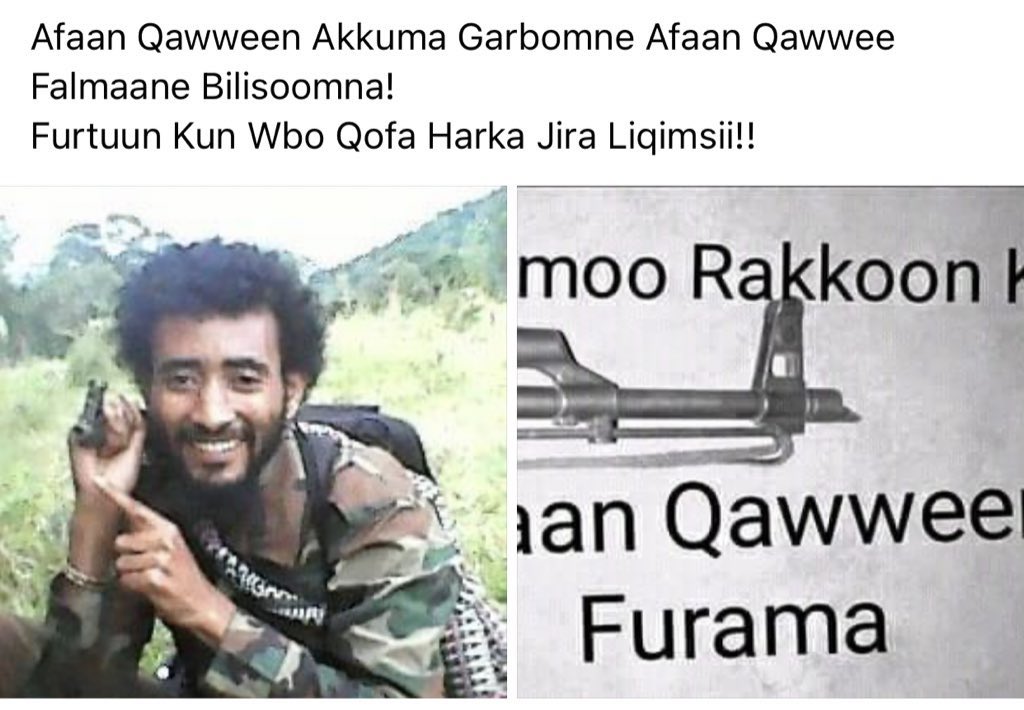 Do not loose hope my people.Freedom can and will be ours soonenough. Victory to the Oromo people. (Translation for image below: How we were colonized under the gun, we will be free with the gun. This key only WBO (OLA) has.) - OLA fighter Haqa Miliqxee aka Jaal Qabsoo