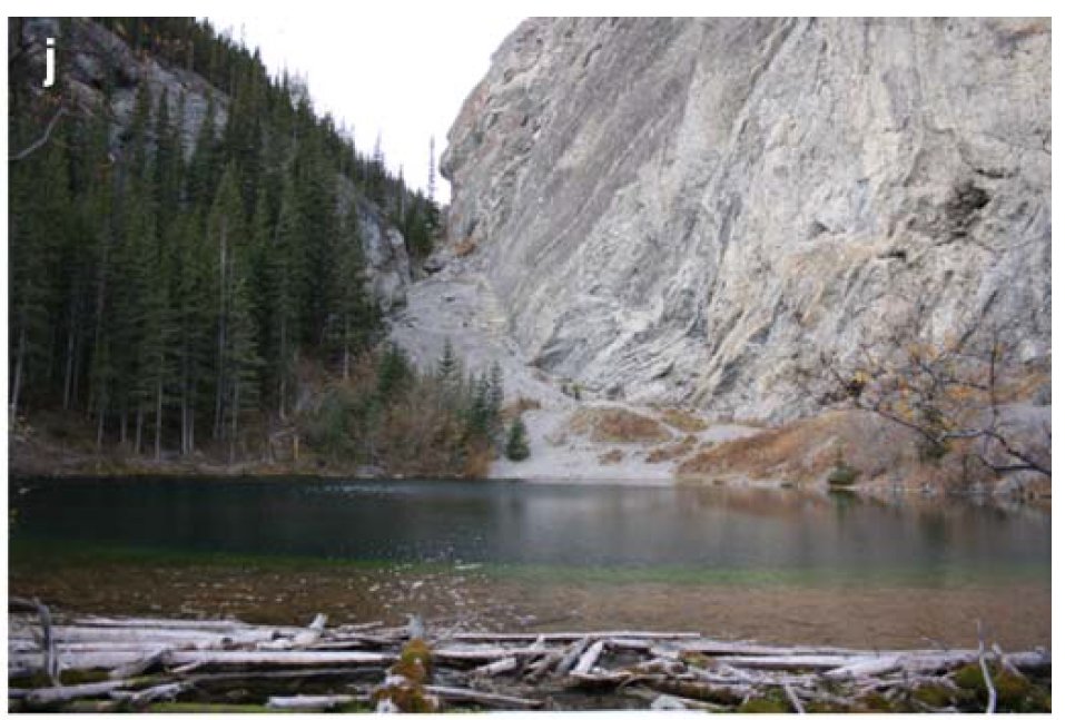 2. Limnocrene: Groundwater supported lakes. In all figures note the interaction of recharge-supported aquifers coming up against impermeable layers resulting in springs.Legend for all: A = Aquifer, I = Impermeable layer, S = SpringPhoto: Grassi Lake, Alberta, Canada+