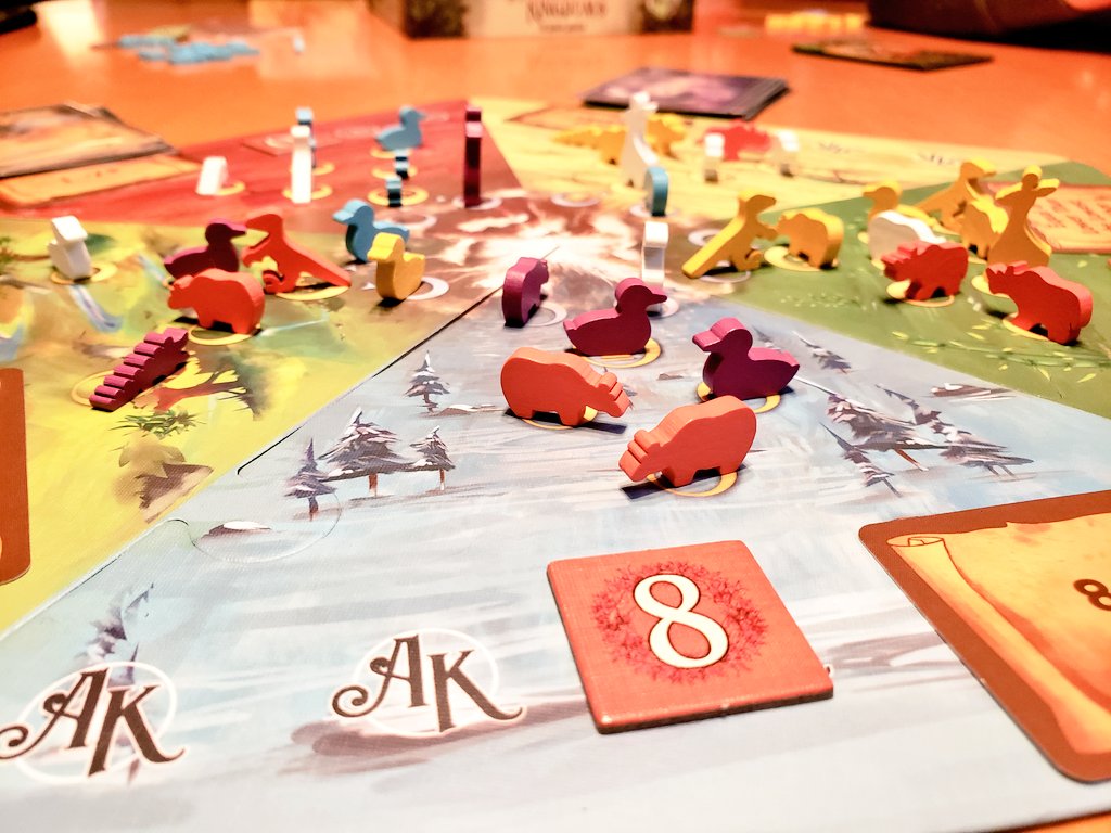 CohortVIIIGames's tweet photo. Another fun play of @stevenaramini #AnimalKingdoms today! Played with family in our bubble who hadn't played before &amp; now they want their own copy. Great area control game with fun animeeples and gorgeous card art! Are deluxe copies with the animals available @GalacticRaptor2? https://t.co/tQhHrJYqJC
