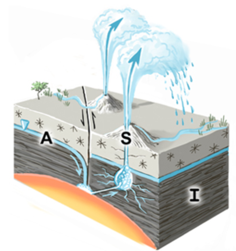 6. Fountain: Cool water outburst, under pressure from confined aquifer.Picture: Crystal "Geyser", Utah7. Geyser: Hot geothermal steamy outburst. Rarely is the heated mantle so close to the surface. Only ~400 outside Yellowstone National Park (which alone has 600!).+