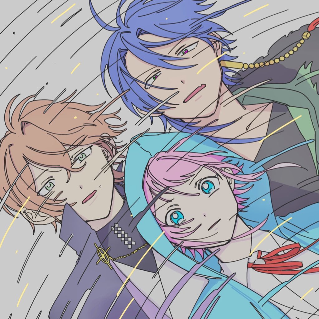 multiple boys pink hair 3boys blue hair blue eyes hood jewelry  illustration images