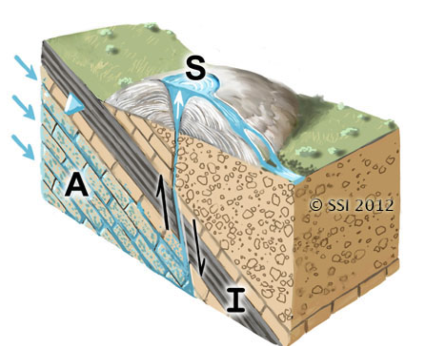 11. Hillslope: Emerges from confined or unconfined aquifers on a hillslope (30-60 degree slope); often indistinct or multiple sources.12. Mound: Emerges from a mineralized, ice, or organic mound, sometimes magmatic or fault systems.