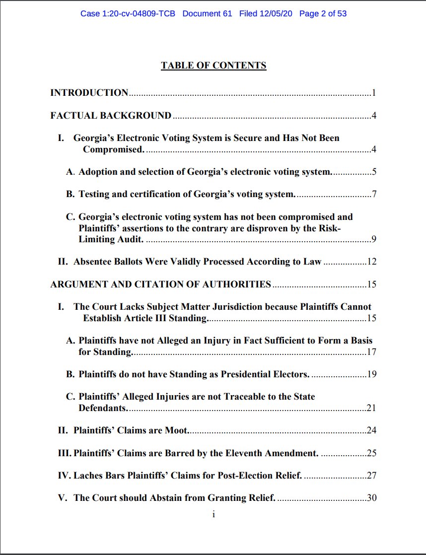 Next, defendants' consolidated brief supporting a motion to dismiss, including now a team of actual election lawyers, a diss about "disappointed Republican electors" and a Kraken footnote. https://www.courtlistener.com/recap/gov.uscourts.gand.284055/gov.uscourts.gand.284055.61.0_1.pdf