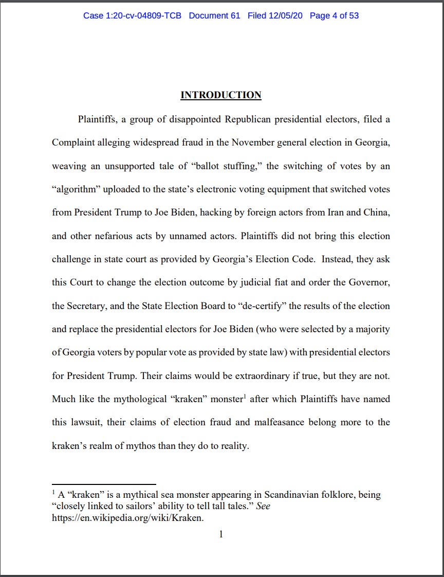Next, defendants' consolidated brief supporting a motion to dismiss, including now a team of actual election lawyers, a diss about "disappointed Republican electors" and a Kraken footnote. https://www.courtlistener.com/recap/gov.uscourts.gand.284055/gov.uscourts.gand.284055.61.0_1.pdf