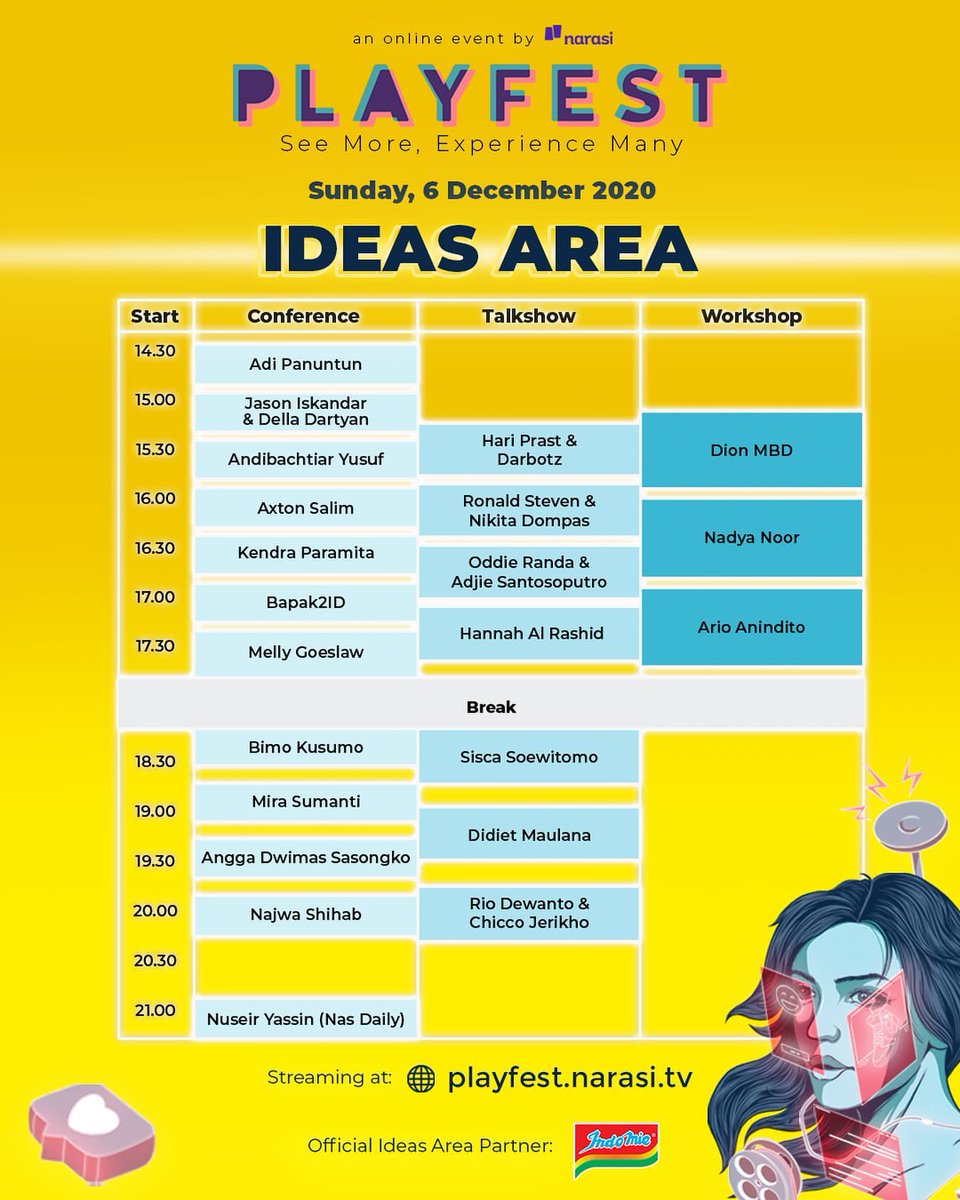 narasitv's tweet image. Rundown acara @playfestnarasi hari Minggu, 6 Desember 2020 di IDEAS AREA. 

Yang belum registrasi masih bisa di playfest.narasi.tv atau klik link di bio. Gratis!

Official Ideas Area Partner: 
@indomielovers

#Playfest2020 #MoreVirtualExperience #AyoSemangatLagi