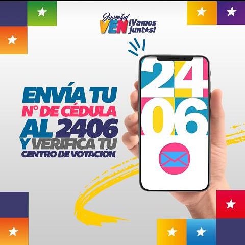 RedPlazaInforma's tweet photo. ¿Aún no sabés dónde votarás mañana 6 de diciembre? Es muy fácil, solo envía un SMS con tu número de cédula al 2406; y recibirás un mensaje de texto con el nombre de tu centro electoral.

#6DTuEliges

#tropacircuito4 #tropacircuito4miranda
#VamosVenezuela https://t.co/4q19xdEZoX