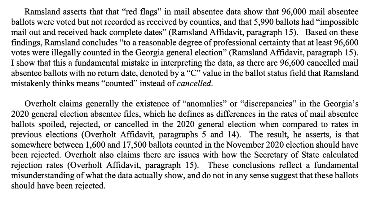 Next up, a series of expert reports explaining why the plaintiffs' experts are wrong. It's a lot of election/stats experts saying "you misunderstood data/don't understand how this works."6,600 ballots voted but not recorded? They didn't know "C" meant canceled, not counted!