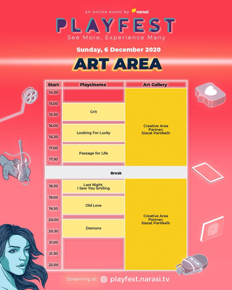 narasitv's tweet image. Jadwal acara di ART AREA! Jangan lupa disave dan nikmati karya serta film favorit kamu.

Jangan lupa register di playfest.narasi.tv, GRATIS!

#MoreVirtualExperience