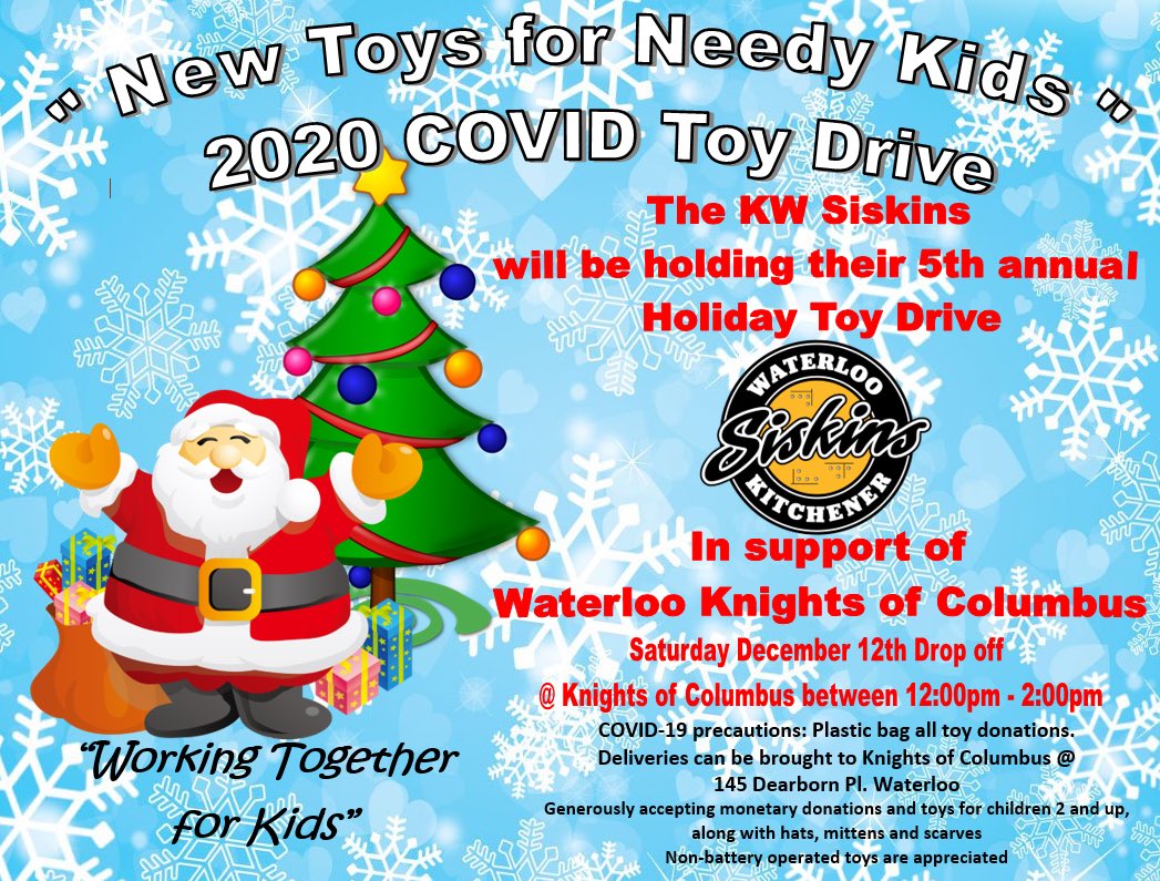 Help support the @kwsiskins fifth annual Toy Drive in support of the <a href="/WaterlooKnights/">KofC Council 5135</a> 🎅🏼☃️❄️🎄 #Toydrive #Christmas <a href="/Waterloo_Wolves/">Waterloo Wolves🐺</a> <a href="/KMHA_All/">Kitchener Minor Hky</a> <a href="/DaveJaworsky/">Dave Jaworsky</a> <a href="/berryonline/">Berry Vrbanovic</a> <a href="/DaveSchniderKW/">Dave Schnider</a> <a href="/farwell_WR/">Mike Farwell</a> <a href="/AyrCentennials/">Ayr Centennials</a> <a href="/SugarKings/">Elmira Sugar Kings</a>