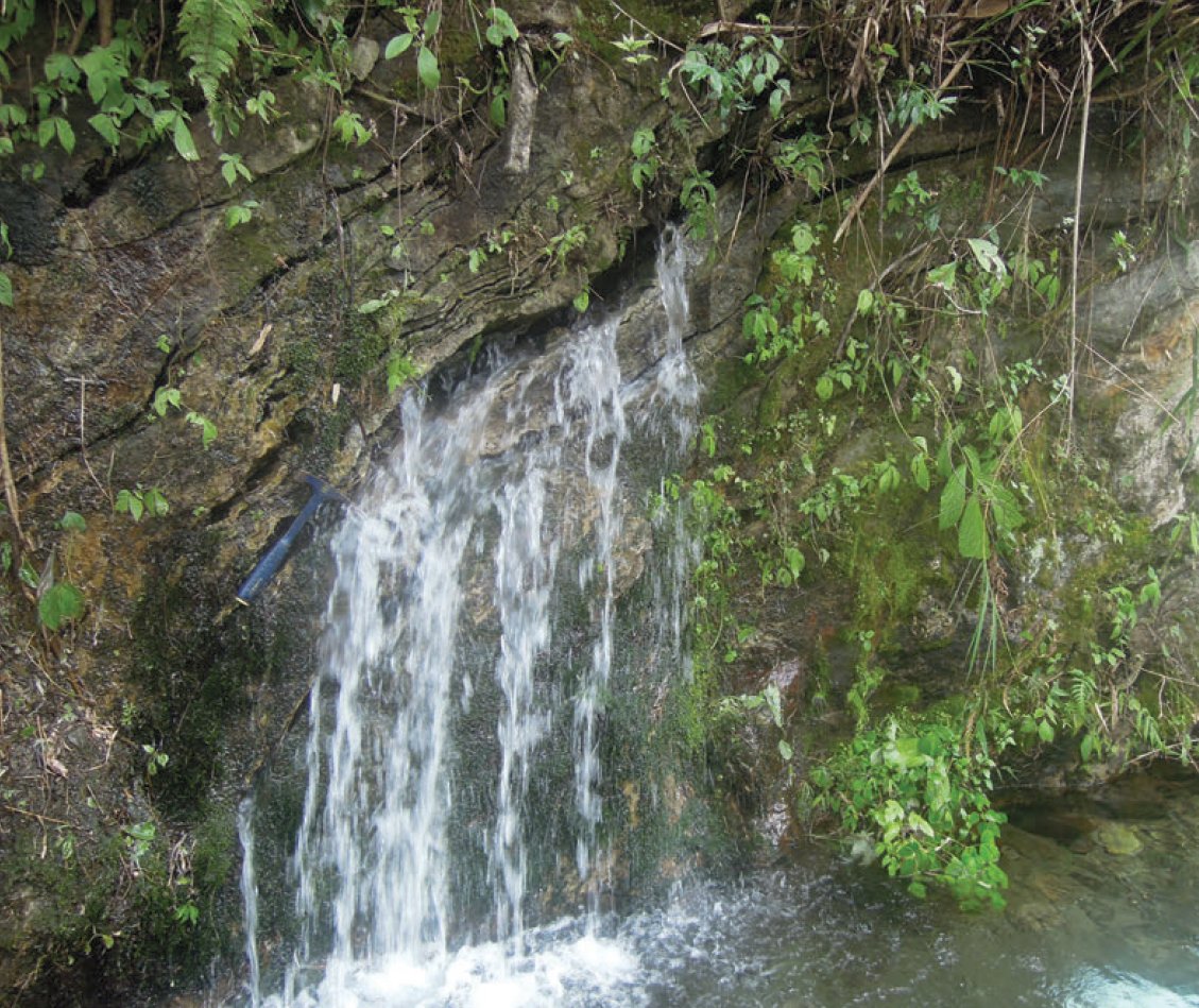 4. Hanging Garden: Groundwater supported seeps along cliff walls.These are often supported by perched aquifers (not the regional water table). All Indian pictures from ACWADAM-IHCAP Springs report. (Here: Unnamed spring from Sikkim) +