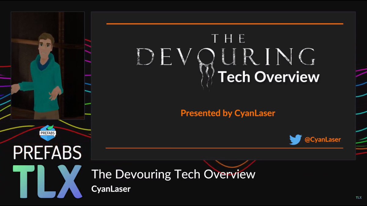 9/ Fascinating THE DEVOURING Tech overview with  @CyanLaser at  #PrefabsTLX.Tons of innovative  @VRChat social gameplay + programming solutions on this epic, 5-hour horror, puzzle adventure game created with  @LakuzaVR,  @LegendsVR, &  @jendaviswilson.Super comprehensive deep dive!