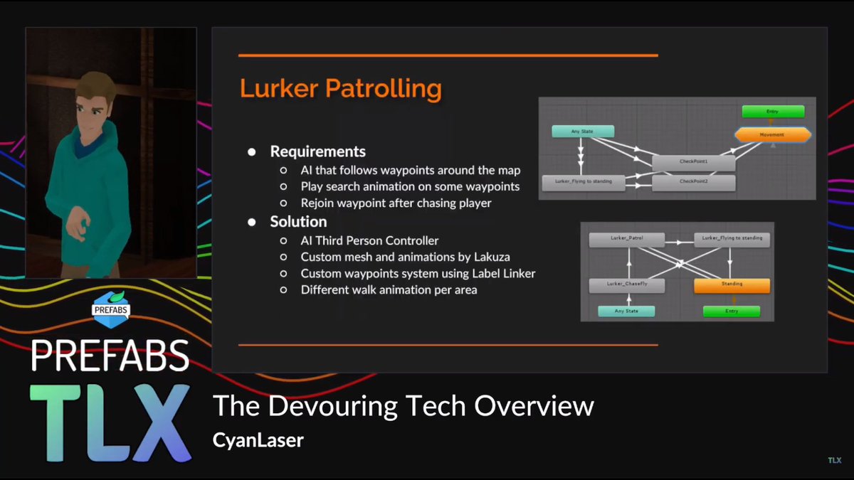 9/ Fascinating THE DEVOURING Tech overview with  @CyanLaser at  #PrefabsTLX.Tons of innovative  @VRChat social gameplay + programming solutions on this epic, 5-hour horror, puzzle adventure game created with  @LakuzaVR,  @LegendsVR, &  @jendaviswilson.Super comprehensive deep dive!