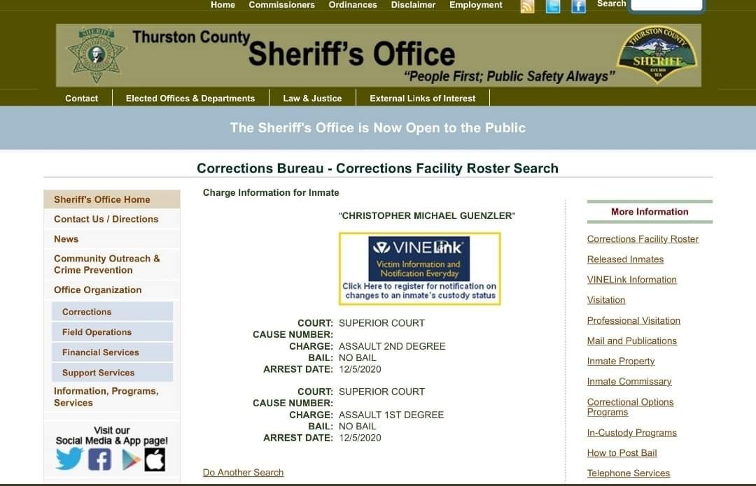 He's been booked by the Sheriffs, not Olympia PD.