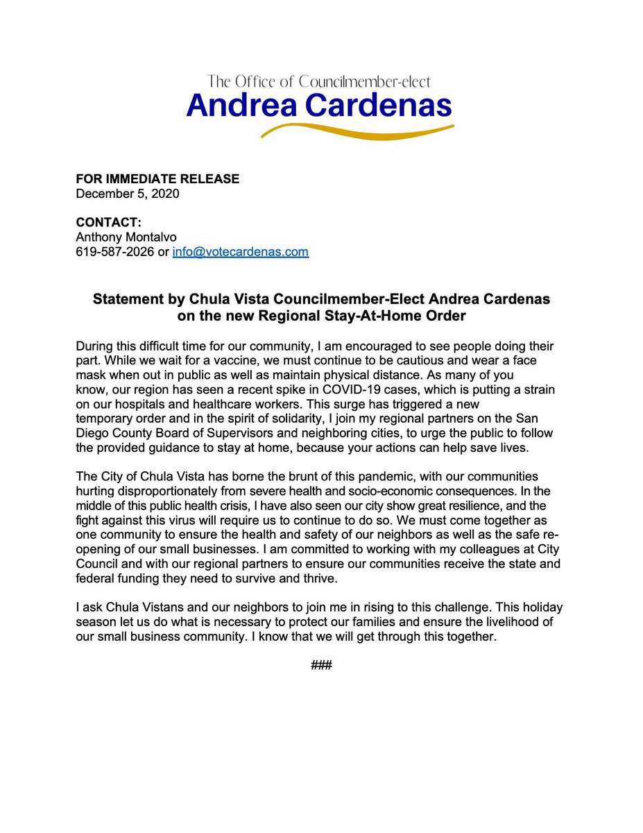 votecardenas's tweet photo. Statement from Councilmember-elect Andrea Cárdenas regarding our county’s most recent stay-at-home order. 

SWIPE ➡️ for information graphics. https://t.co/cO4I7B3QgN