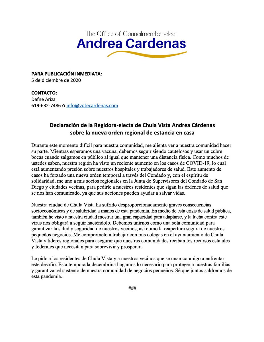votecardenas's tweet photo. Statement from Councilmember-elect Andrea Cárdenas regarding our county’s most recent stay-at-home order. 

SWIPE ➡️ for information graphics. https://t.co/cO4I7B3QgN