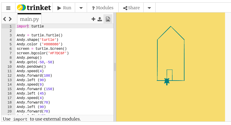 AnikaMBrandt's tweet image. Preparing for Monday's lesson. Small successes! I got my @Trinketapp turtle to make a house. #teacherslearningcode #CanadaLearningCode