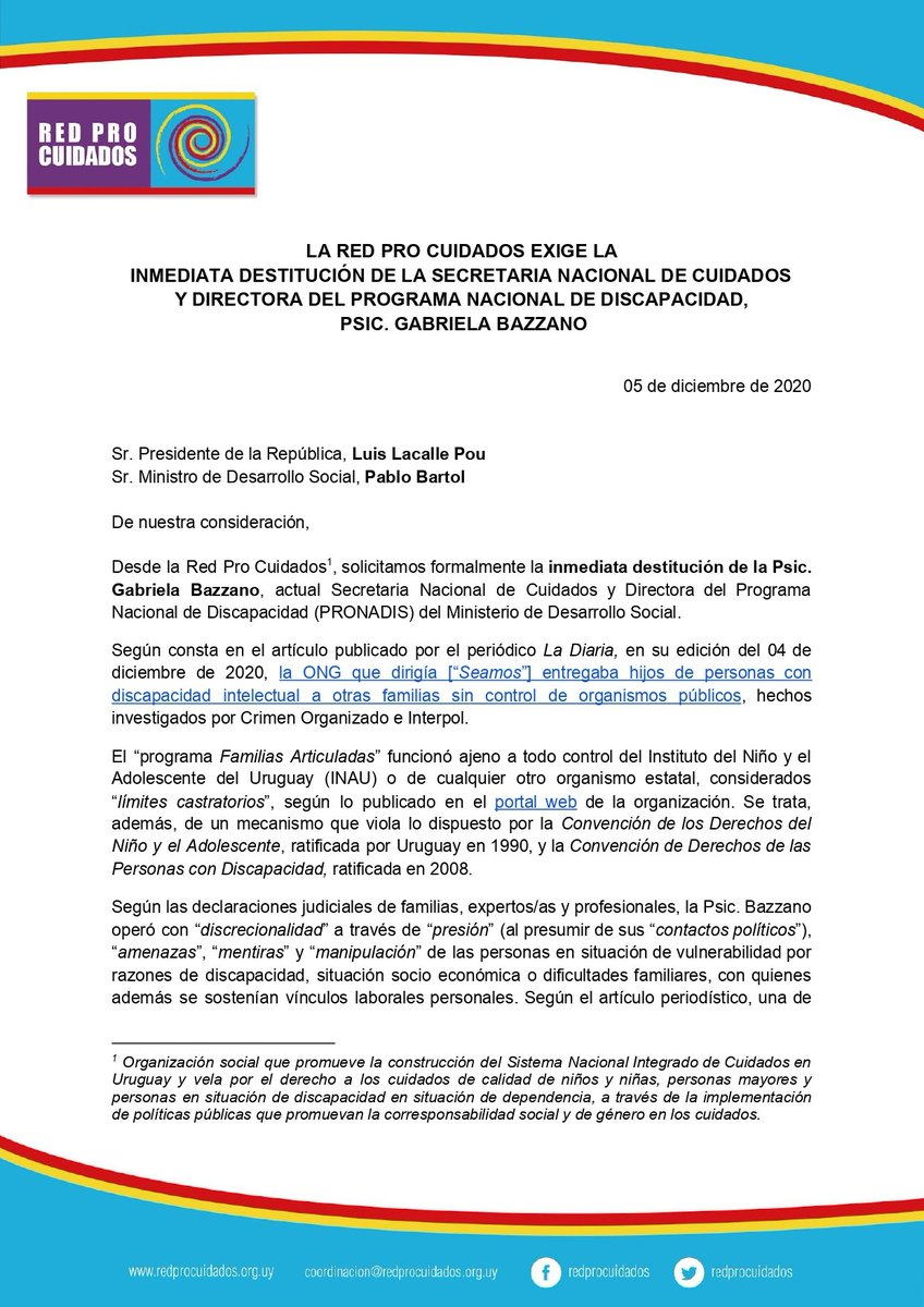 JoseloAlvarez3's tweet photo. @RedProCuidados exige la destitución de la Secretaria Nacional de Cuidados y directora del Programa Nacional de Discapacidad https://t.co/1IdSwRkv1O