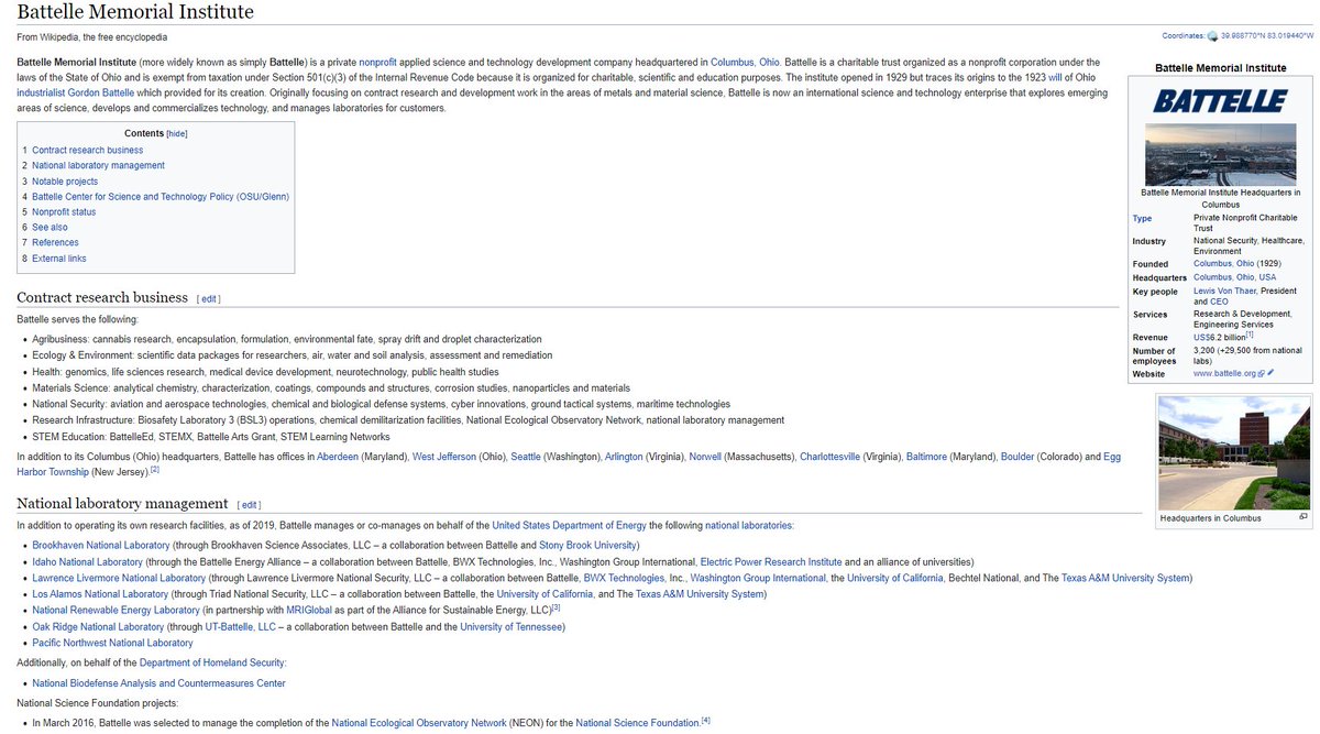 It's a private contractor that is classified under the Atomic Secrets Classification system outside of the Executive and State Department. It has been around since the 1920's and controls most of the science and research labs in America. https://en.wikipedia.org/wiki/Battelle_Memorial_Institute