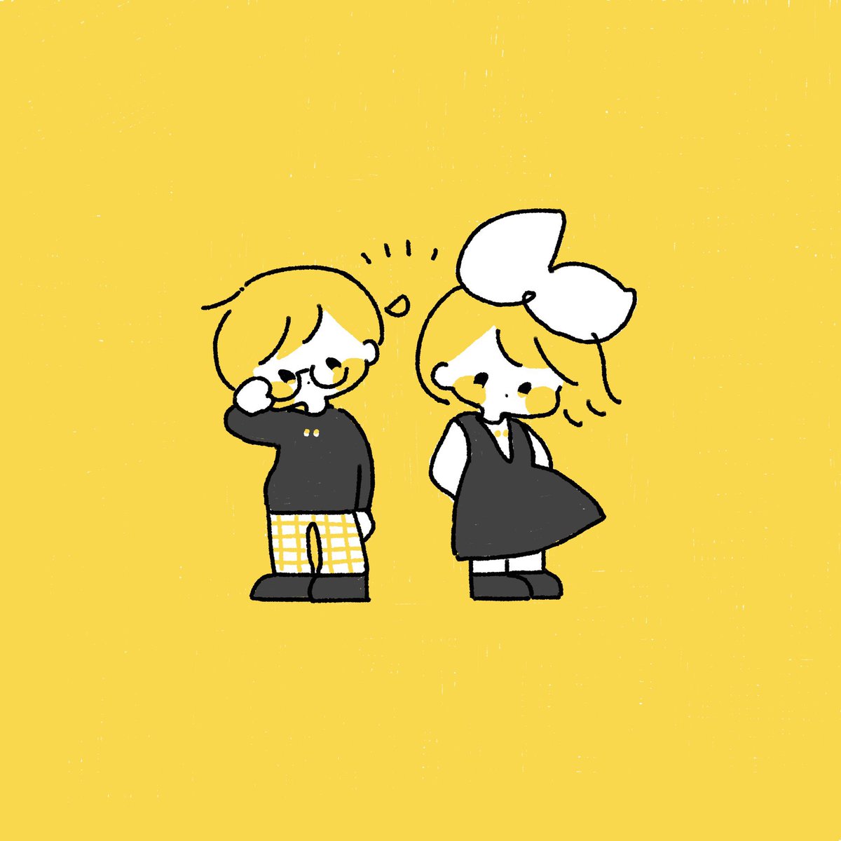 kagamine rin 1girl 1boy plaid pants glasses blonde hair yellow background dress  illustration images