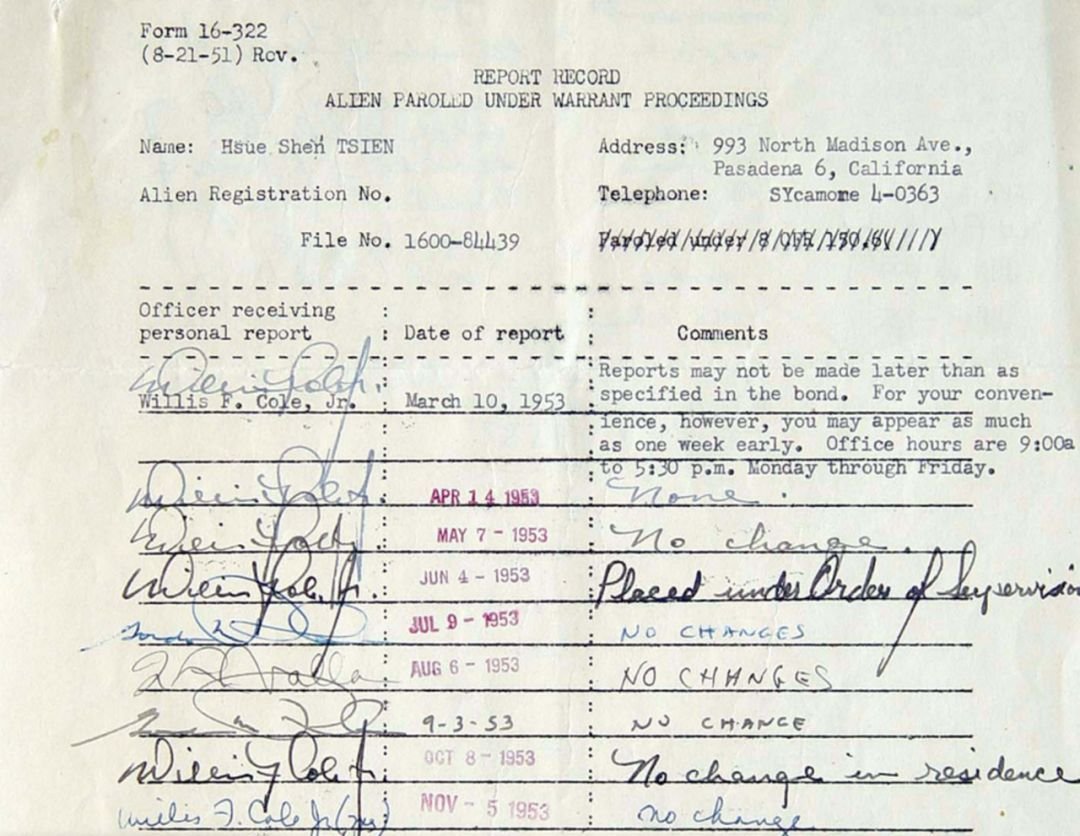 US Customs seized Qian belongings to be shipped to China alleging containing top secret documents which later turned out to contain no classified material.Qian's alien registration at INS